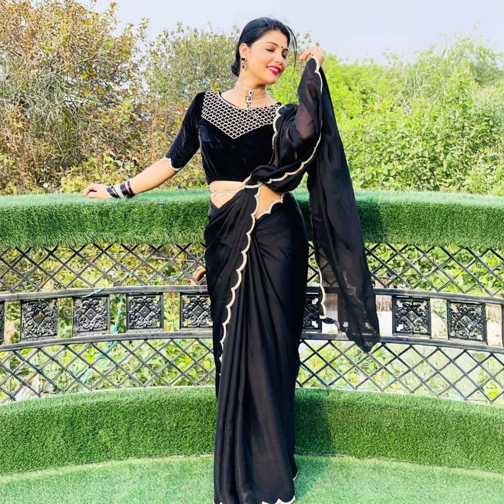 Black Crepe Georgette Bollywood Saree with Lace Border