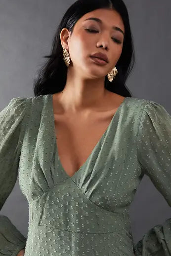 Plunge Neck Dobby Chiffon Double Layer Blouse