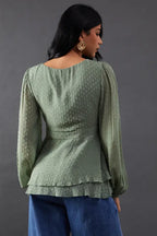 Plunge Neck Dobby Chiffon Double Layer Blouse