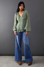 Plunge Neck Dobby Chiffon Double Layer Blouse