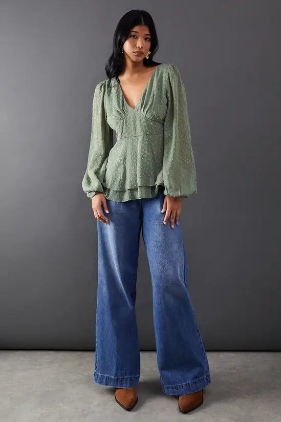 Plunge Neck Dobby Chiffon Double Layer Blouse