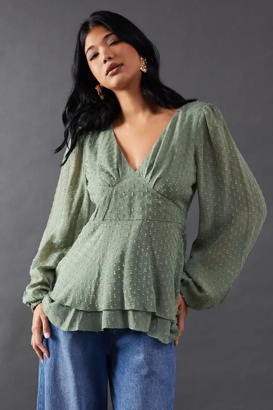 Plunge Neck Dobby Chiffon Double Layer Blouse