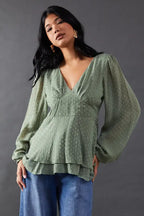 Plunge Neck Dobby Chiffon Double Layer Blouse