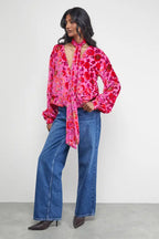 Devore High Neck Wrap Front Blouse