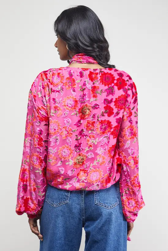 Devore High Neck Wrap Front Blouse