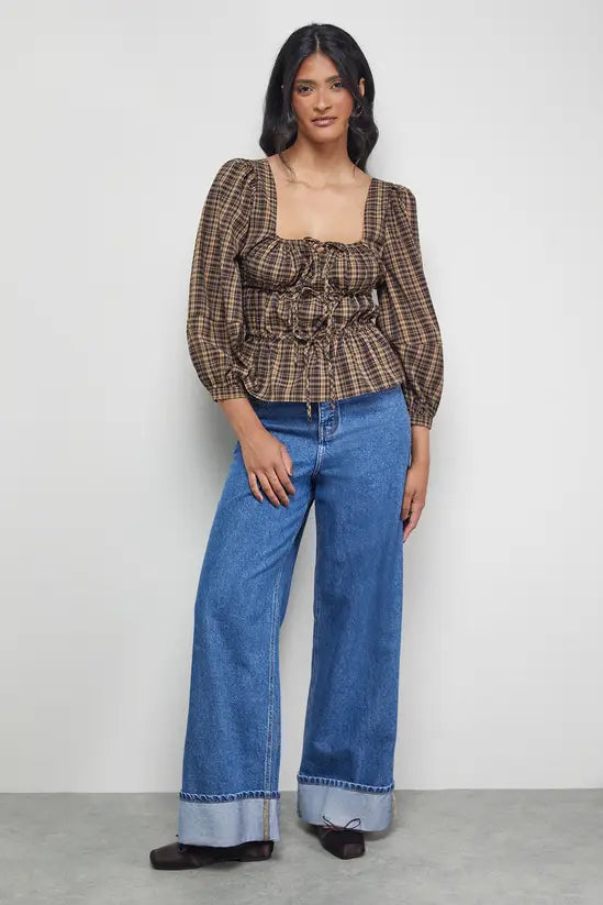 Check Tie Front Square Neck Blouse