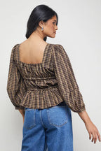 Check Tie Front Square Neck Blouse