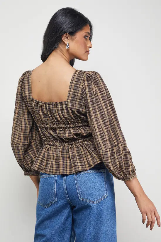Check Tie Front Square Neck Blouse