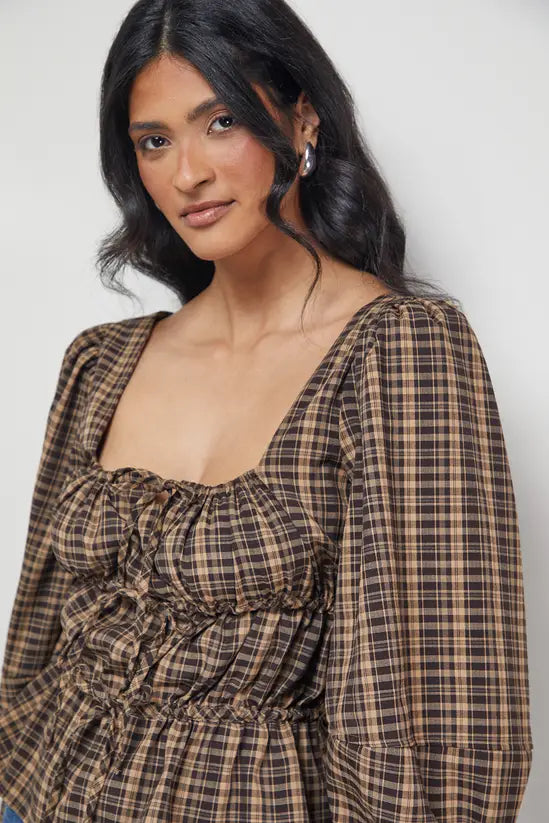Check Tie Front Square Neck Blouse