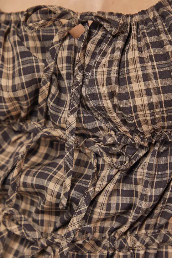 Check Tie Front Square Neck Blouse