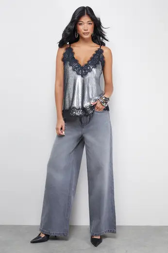 Sequin Lace Trim High Apex Cami Top