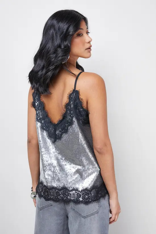 Sequin Lace Trim High Apex Cami Top